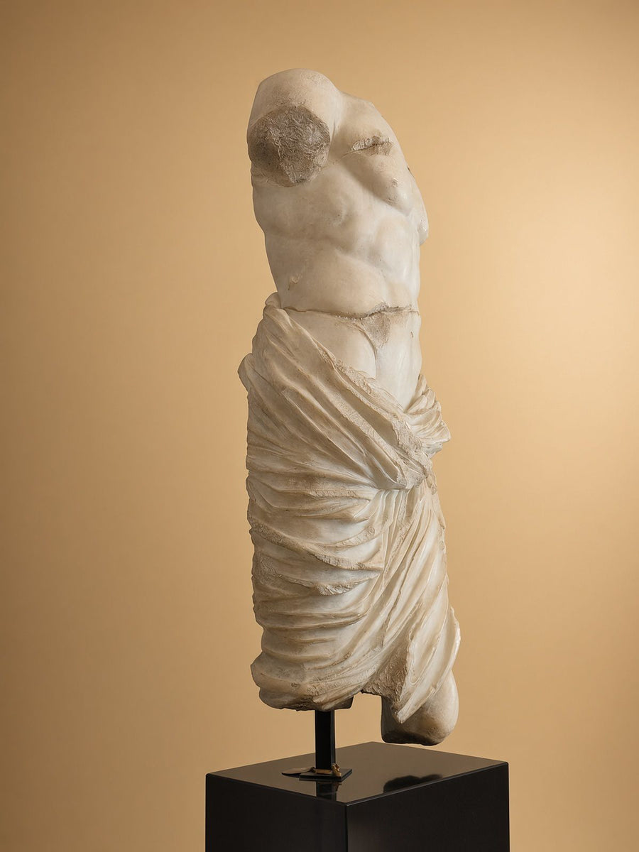 Classical Draped Torso Sculpture on Black Pedestal