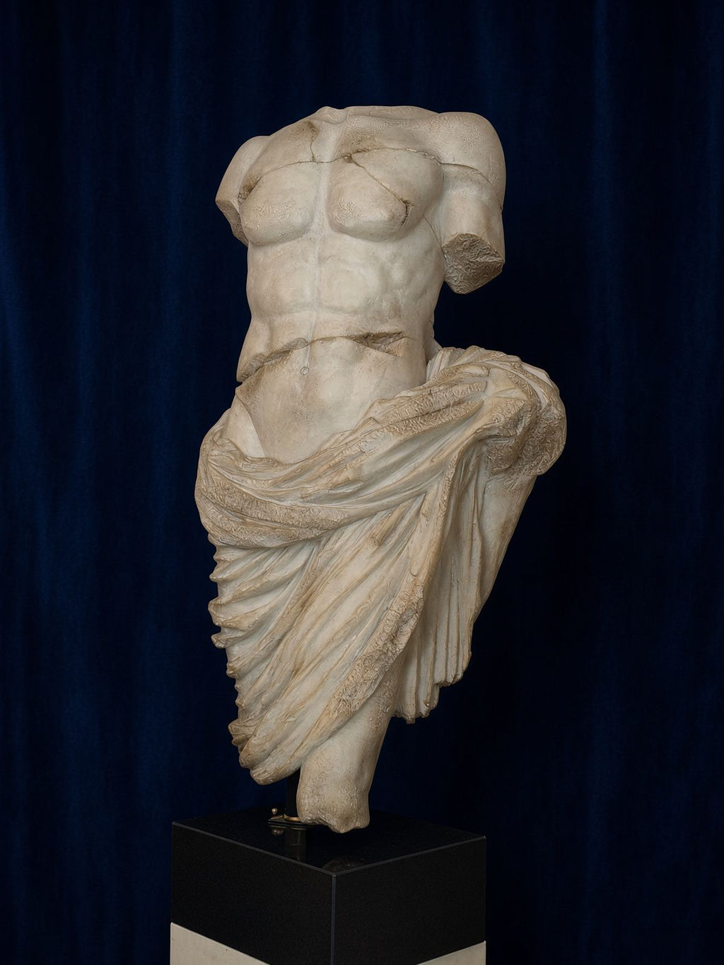 Classical Draped Torso Sculpture on Black Pedestal