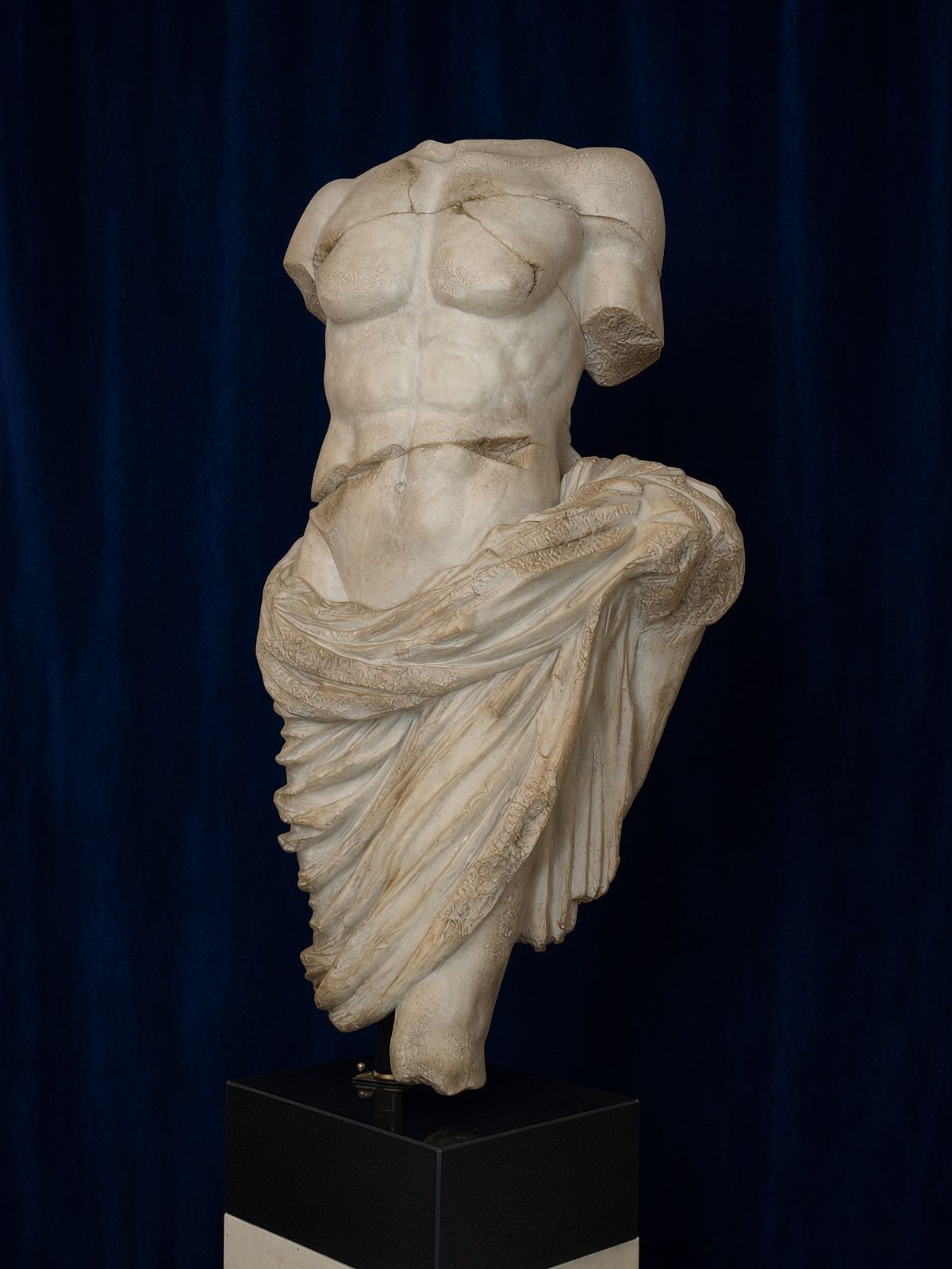 Classical Draped Torso Sculpture on Black Pedestal
